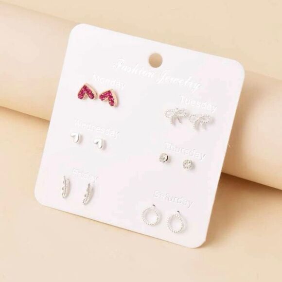 NEW 6 pair of stud earrings, heart, bow, leaf, circle, silver, Sizes between 6-8 - Picture 1 of 4